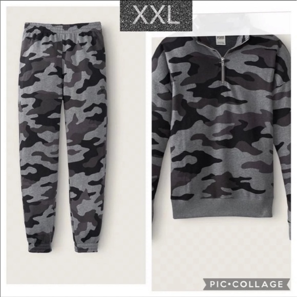 PINK Victoria's Secret Tops - Vs pink skinny sweats joggers quarter- zip sweatshirt sz XXL pure black Camo